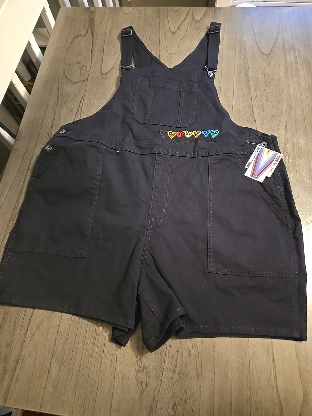 Black Short Overalls with Rainbow Heart Accents